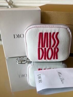 Dior White Canvas 'Miss Dior' airpod Case with Pink Trim